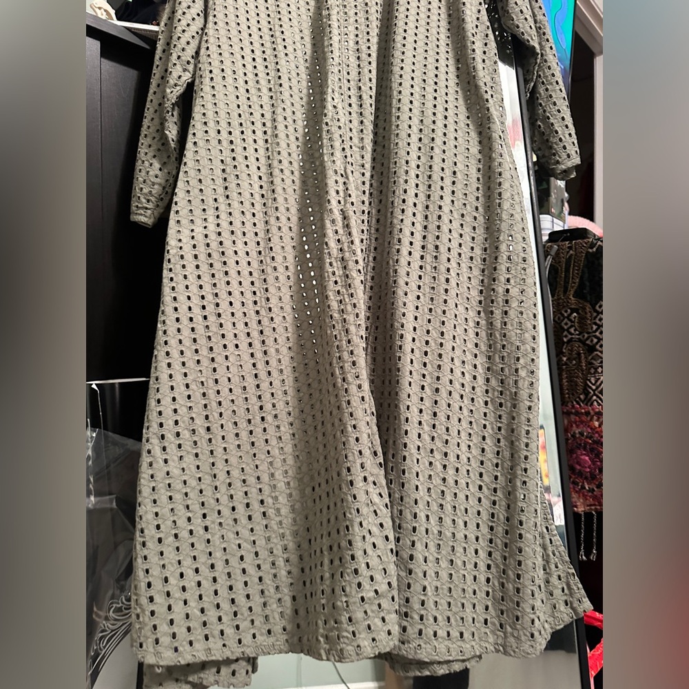 Anthropologie Collared Eyelet Olive Green Duster - Picture 9 of 10